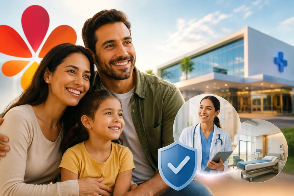 Uma família sorridente em frente a um hospital, com ícones de saúde destacados.