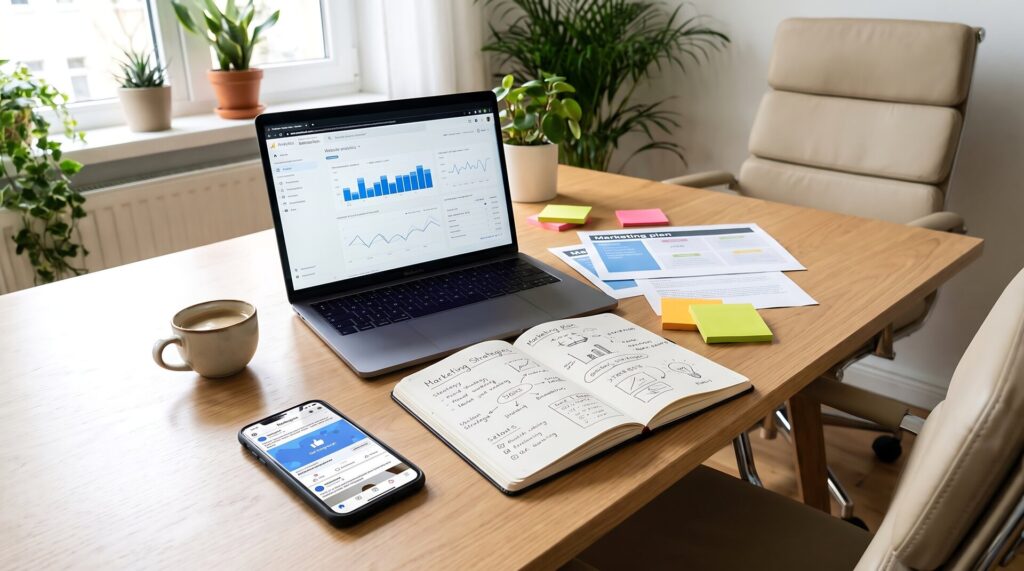 Como Crescer nas Redes Sociais: Estratégias Práticas para Escalar a Sua Presença Digital Mesa com laptop, smartphone, bloco de notas e café, rodeada por plantas.